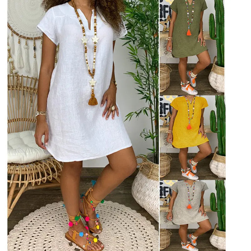 Womens Summer Casual Solid Color V Neck Short Sleeve Dresses Boho Beach Sundresses Lady T Fashions