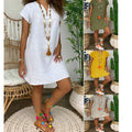 Womens Summer Casual Solid Color V Neck Short Sleeve Dresses Boho Beach Sundresses Lady T Fashions