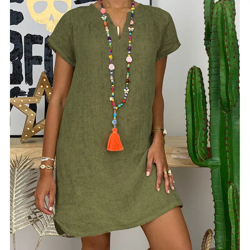 Womens Summer Casual Solid Color V Neck Short Sleeve Dresses Boho Beach Sundresses Lady T Fashions