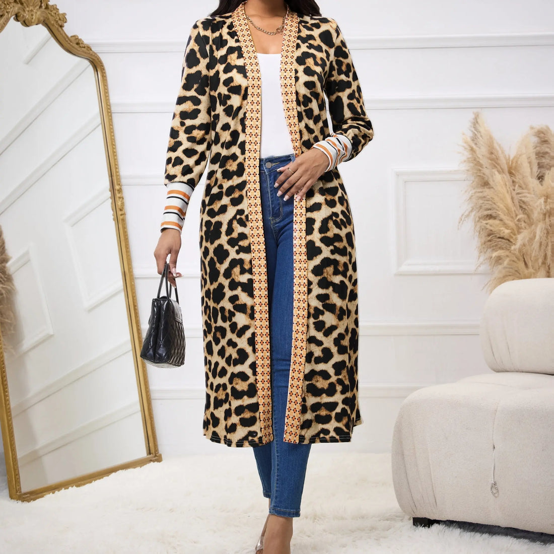 Women's New Leopard Print Patchwork Cuff Hem Autumn And Winter Long Open Top Jacket Lady T Fashions