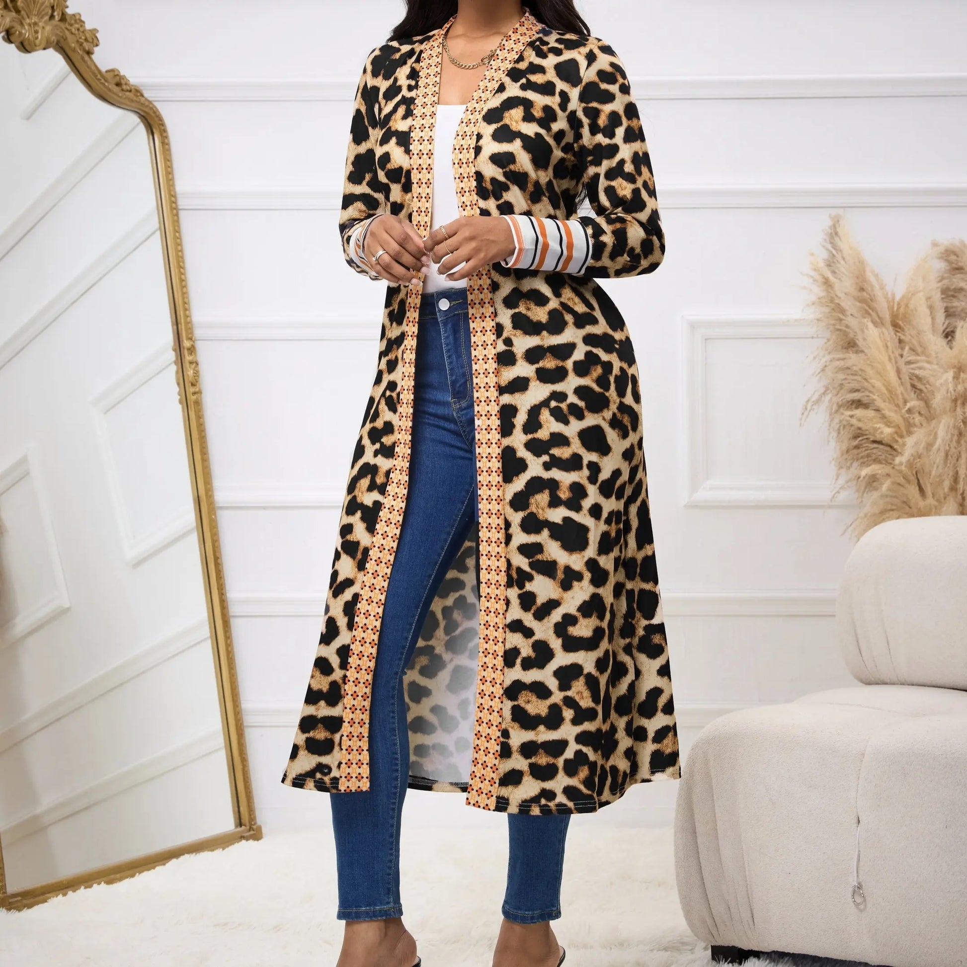 Women's New Leopard Print Patchwork Cuff Hem Autumn And Winter Long Open Top Jacket Lady T Fashions