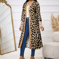 Women's New Leopard Print Patchwork Cuff Hem Autumn And Winter Long Open Top Jacket Lady T Fashions