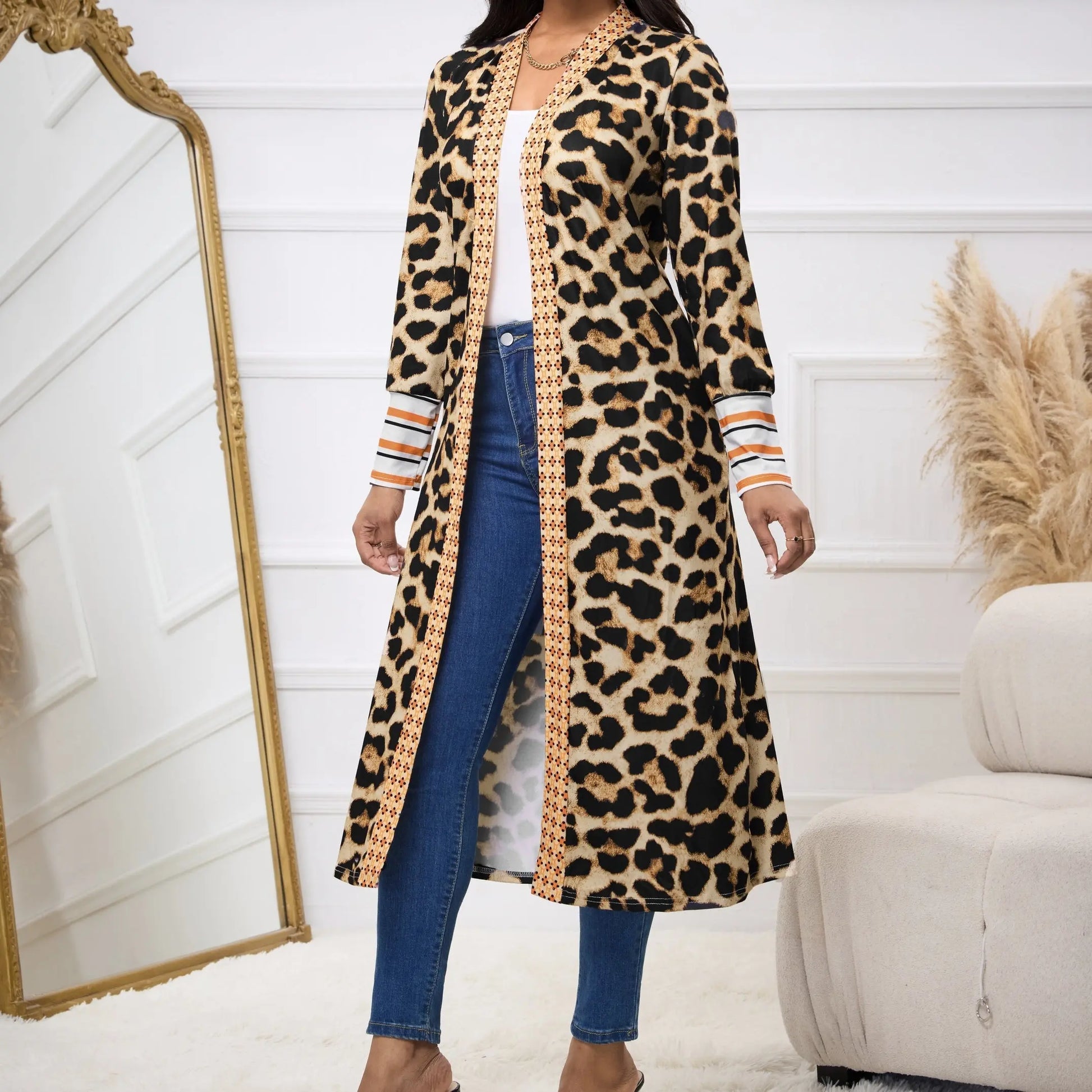 Women's New Leopard Print Patchwork Cuff Hem Autumn And Winter Long Open Top Jacket Lady T Fashions