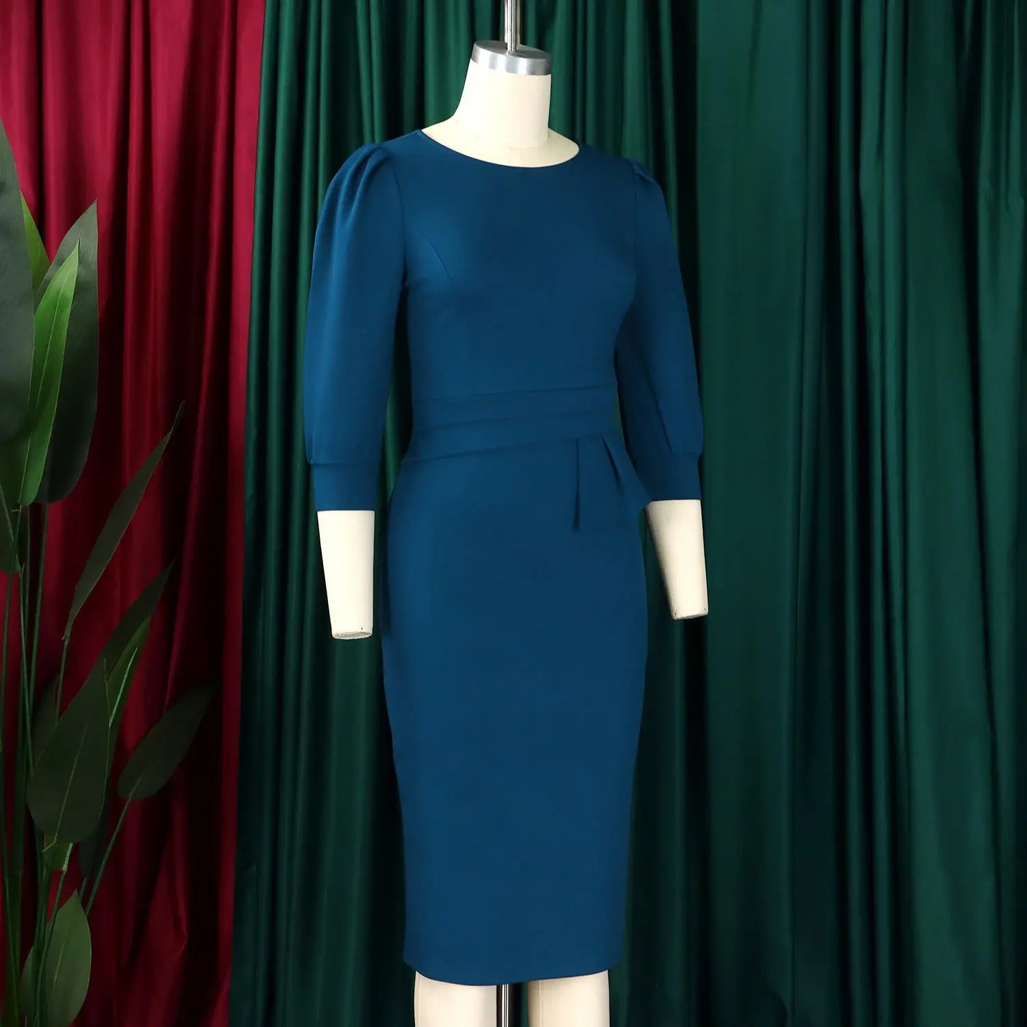 Women's Bodycon Pencil Dress Round Neck 3 4 Sleeve Peplum Wear To Work Office Dress Lady T Fashions