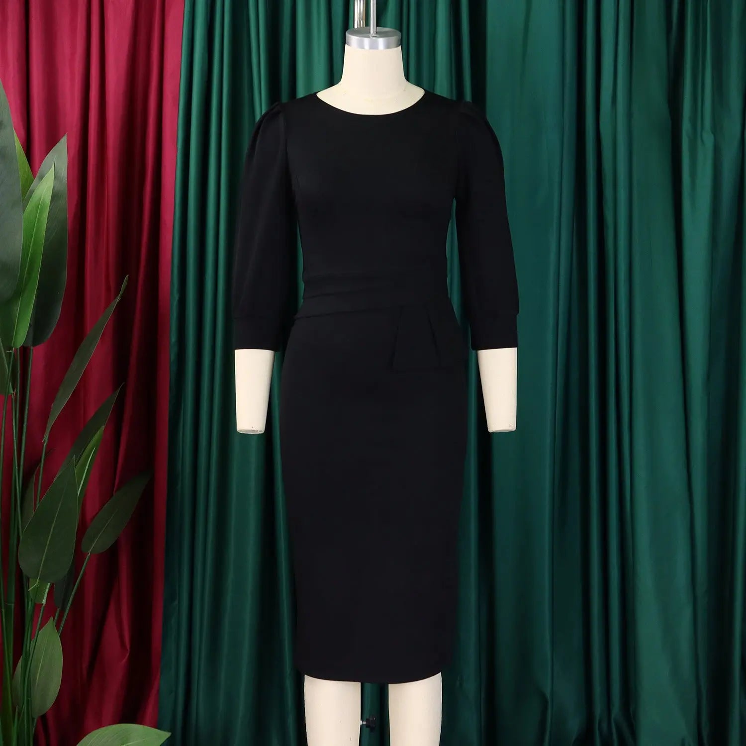 Women's Bodycon Pencil Dress Round Neck 3 4 Sleeve Peplum Wear To Work Office Dress Lady T Fashions