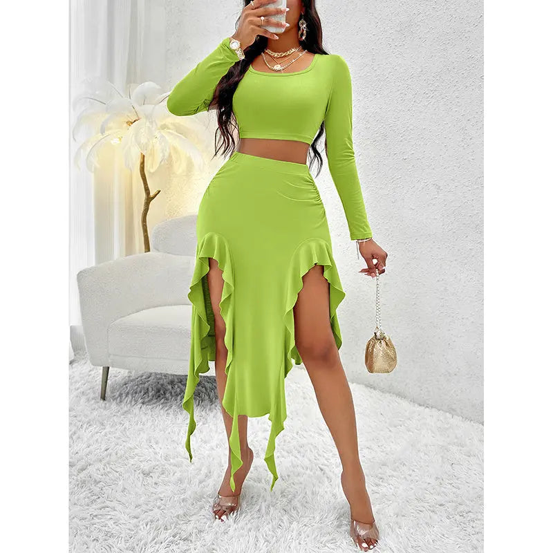 Women Summer 2 Piece Skirt Sets Long Sleeve Square Neck Crop Top Ruffle Trim Irregular Split Sexy Club Party Skirt Outfits Lady T Fashions