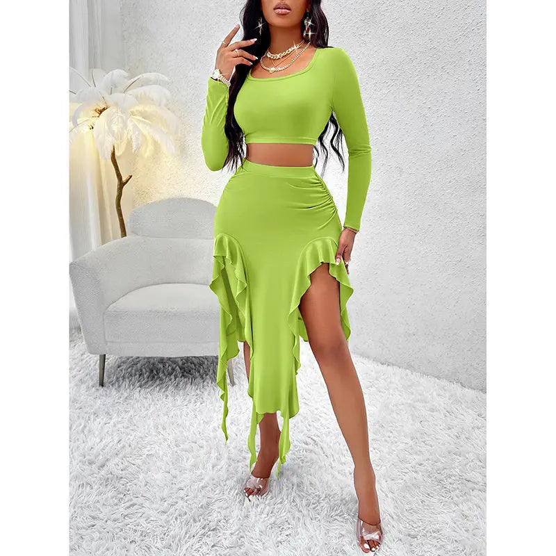 Women Summer 2 Piece Skirt Sets Long Sleeve Square Neck Crop Top Ruffle Trim Irregular Split Sexy Club Party Skirt Outfits Lady T Fashions