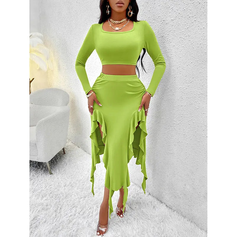 Women Summer 2 Piece Skirt Sets Long Sleeve Square Neck Crop Top Ruffle Trim Irregular Split Sexy Club Party Skirt Outfits Lady T Fashions