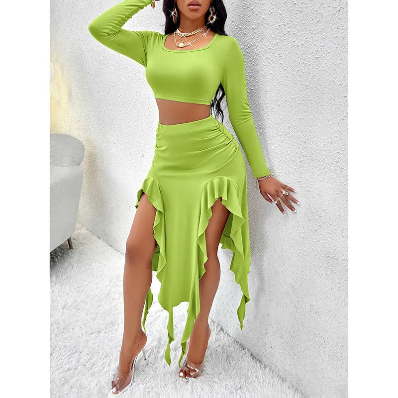 Women Summer 2 Piece Skirt Sets Long Sleeve Square Neck Crop Top Ruffle Trim Irregular Split Sexy Club Party Skirt Outfits Lady T Fashions