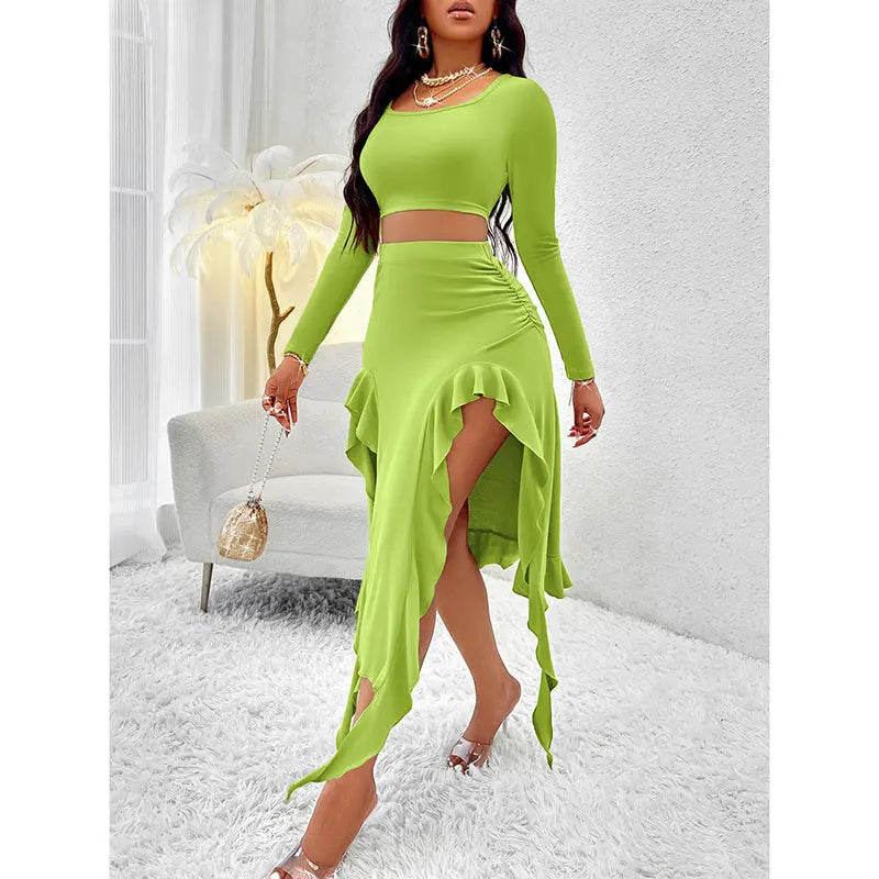 Women Summer 2 Piece Skirt Sets Long Sleeve Square Neck Crop Top Ruffle Trim Irregular Split Sexy Club Party Skirt Outfits Lady T Fashions