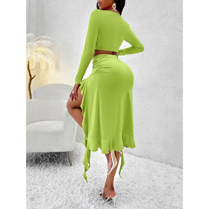Women Summer 2 Piece Skirt Sets Long Sleeve Square Neck Crop Top Ruffle Trim Irregular Split Sexy Club Party Skirt Outfits Lady T Fashions