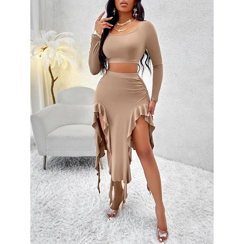 Women Summer 2 Piece Skirt Sets Long Sleeve Square Neck Crop Top Ruffle Trim Irregular Split Sexy Club Party Skirt Outfits Lady T Fashions
