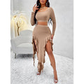 Women Summer 2 Piece Skirt Sets Long Sleeve Square Neck Crop Top Ruffle Trim Irregular Split Sexy Club Party Skirt Outfits Lady T Fashions