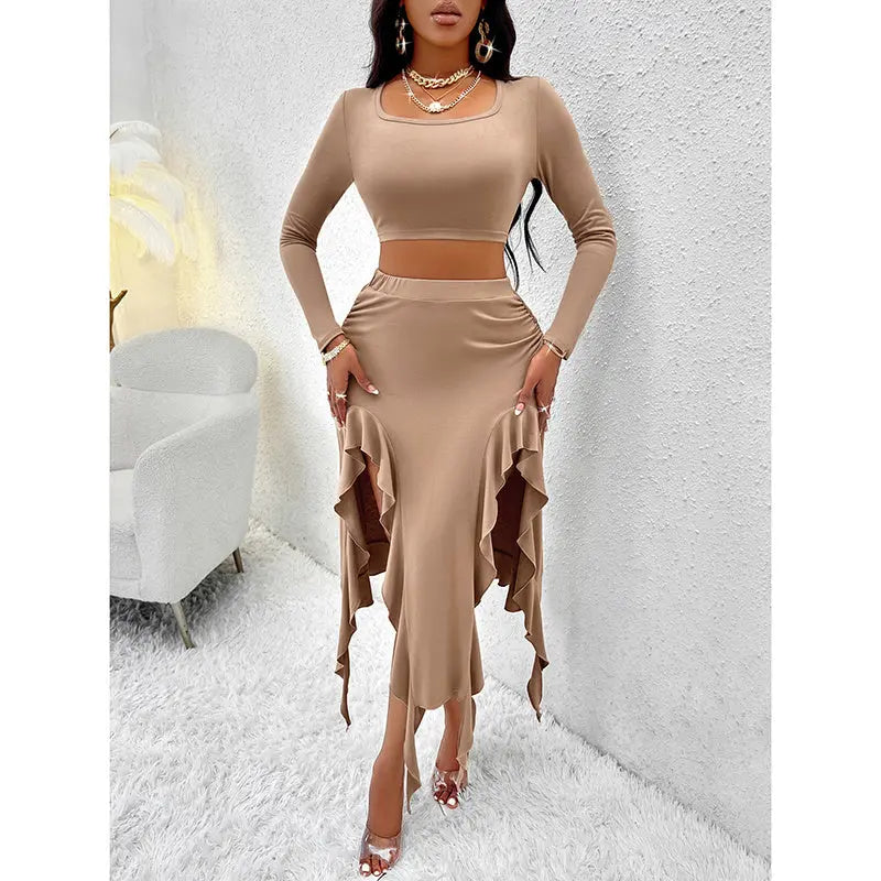 Women Summer 2 Piece Skirt Sets Long Sleeve Square Neck Crop Top Ruffle Trim Irregular Split Sexy Club Party Skirt Outfits Lady T Fashions
