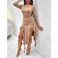 Women Summer 2 Piece Skirt Sets Long Sleeve Square Neck Crop Top Ruffle Trim Irregular Split Sexy Club Party Skirt Outfits Lady T Fashions