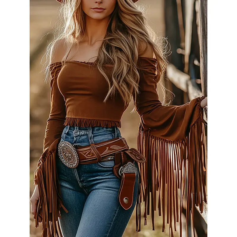 Women's Western Cowgirl  Fringe Trim Tops Sexy Off Shoulder Long Sleeve T Shirts Tassel Top Lady T Fashions
