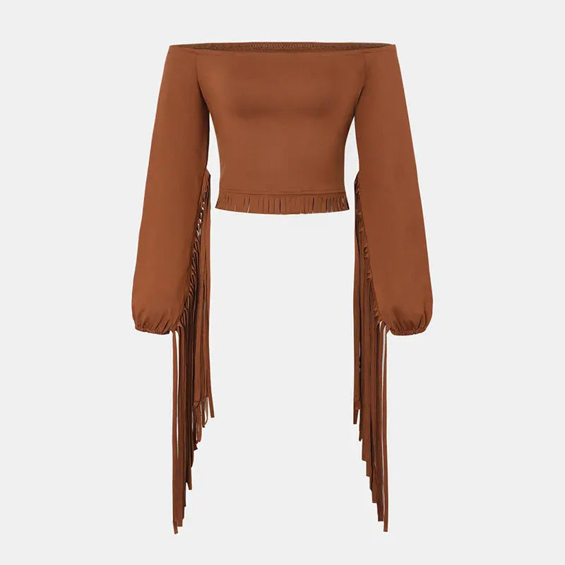 Women's Western Cowgirl  Fringe Trim Tops Sexy Off Shoulder Long Sleeve T Shirts Tassel Top Lady T Fashions