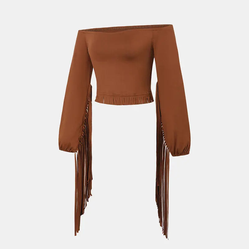 Women's Western Cowgirl  Fringe Trim Tops Sexy Off Shoulder Long Sleeve T Shirts Tassel Top Lady T Fashions