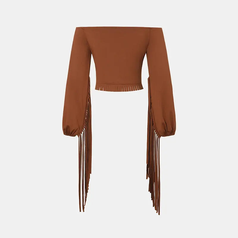 Women's Western Cowgirl  Fringe Trim Tops Sexy Off Shoulder Long Sleeve T Shirts Tassel Top Lady T Fashions
