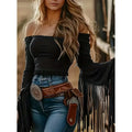 Women's Western Cowgirl  Fringe Trim Tops Sexy Off Shoulder Long Sleeve T Shirts Tassel Top Lady T Fashions