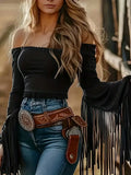 Women's Western Cowgirl  Fringe Trim Tops Sexy Off Shoulder Long Sleeve T Shirts Tassel Top Lady T Fashions
