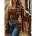 Women's Western Cowgirl  Fringe Trim Tops Sexy Off Shoulder Long Sleeve T Shirts Tassel Top Lady T Fashions