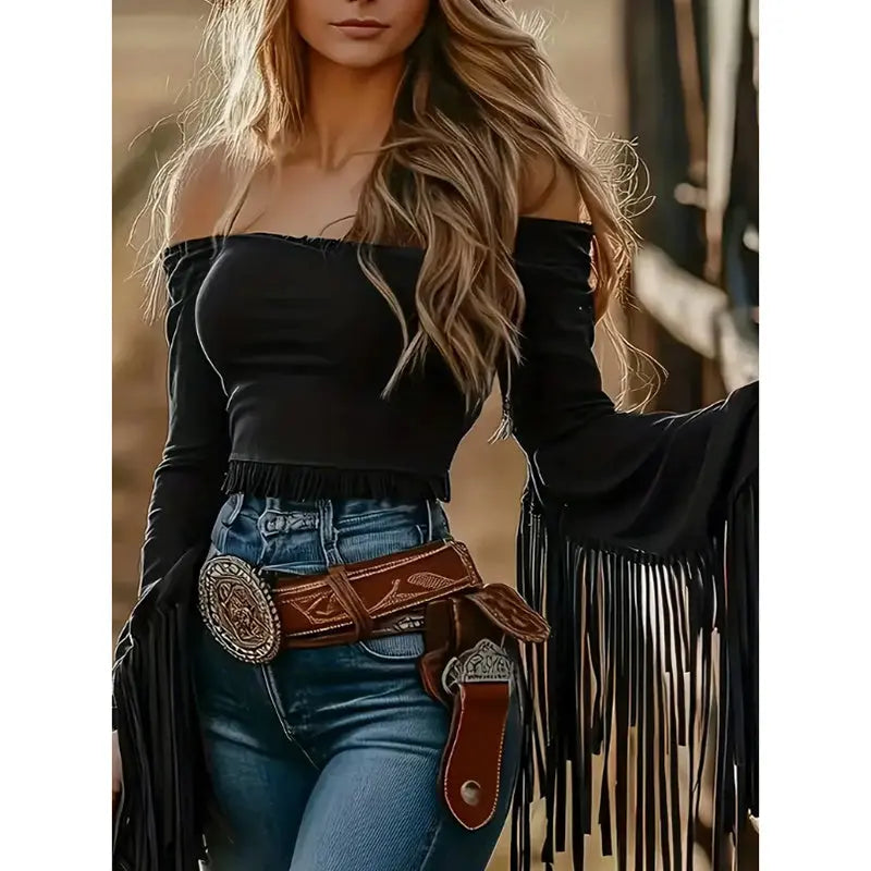 Women's Western Cowgirl  Fringe Trim Tops Sexy Off Shoulder Long Sleeve T Shirts Tassel Top Lady T Fashions