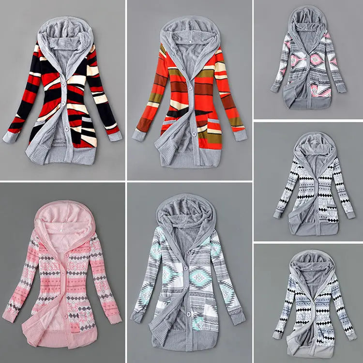 Autumn And Winter Jacket Printed Hooded Wool Liner Knit Midi Length Lady T Fashions
