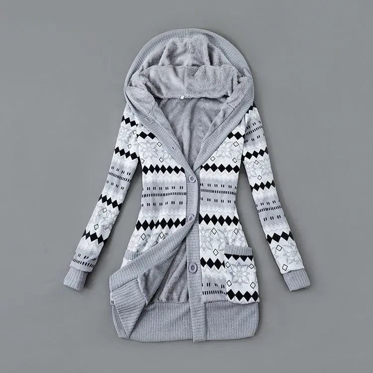 Autumn And Winter Jacket Printed Hooded Wool Liner Knit Midi Length Lady T Fashions