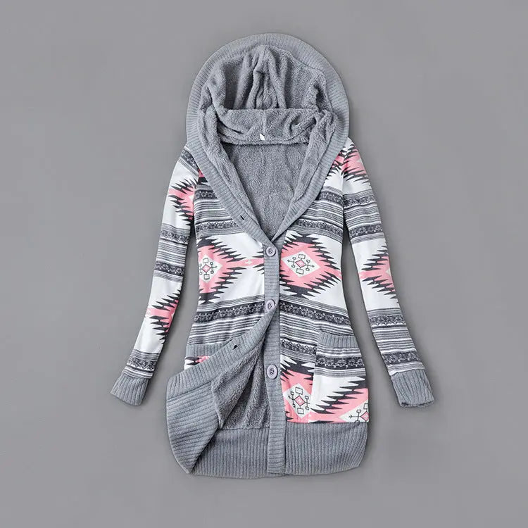 Autumn And Winter Jacket Printed Hooded Wool Liner Knit Midi Length Lady T Fashions