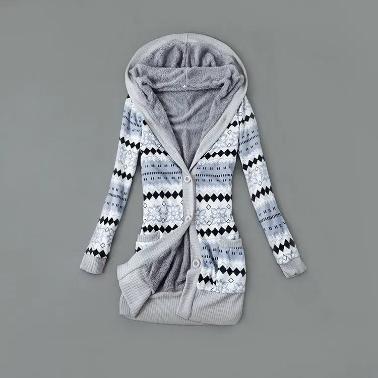Autumn And Winter Jacket Printed Hooded Wool Liner Knit Midi Length Lady T Fashions