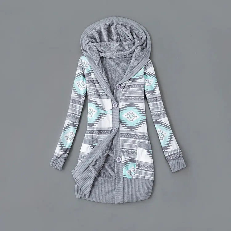 Autumn And Winter Jacket Printed Hooded Wool Liner Knit Midi Length Lady T Fashions
