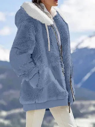 Fall And Winter Loose Plush Long Sleeves With Zippered Pockets And Hooded Warm Jacket Lady T Fashions