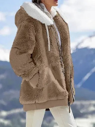 Fall And Winter Loose Plush Long Sleeves With Zippered Pockets And Hooded Warm Jacket Lady T Fashions