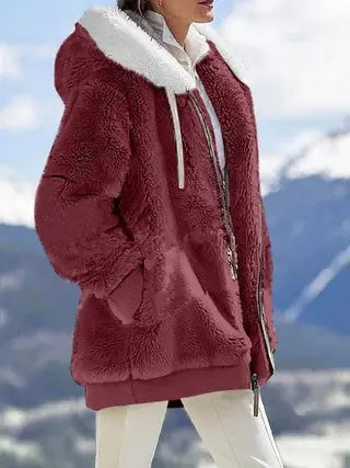 Fall And Winter Loose Plush Long Sleeves With Zippered Pockets And Hooded Warm Jacket Lady T Fashions