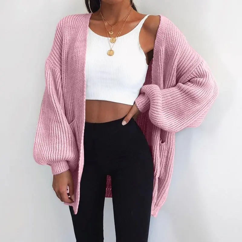 Solid color loose European and American sweater mid-length cardigan Lady T Fashions