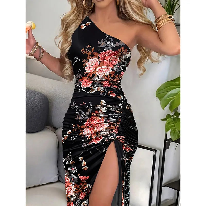 Women's One Shoulder Bodycon Dresses Summer 2025 Ruched High Split Floral Beach Cocktail Wedding Guest Dress Lady T Fashions