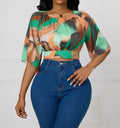 Ladies' Round Neck Printed Waist Cinched Shirt Top Lady T Fashions