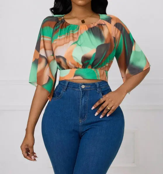 Ladies' Round Neck Printed Waist Cinched Shirt Top Lady T Fashions