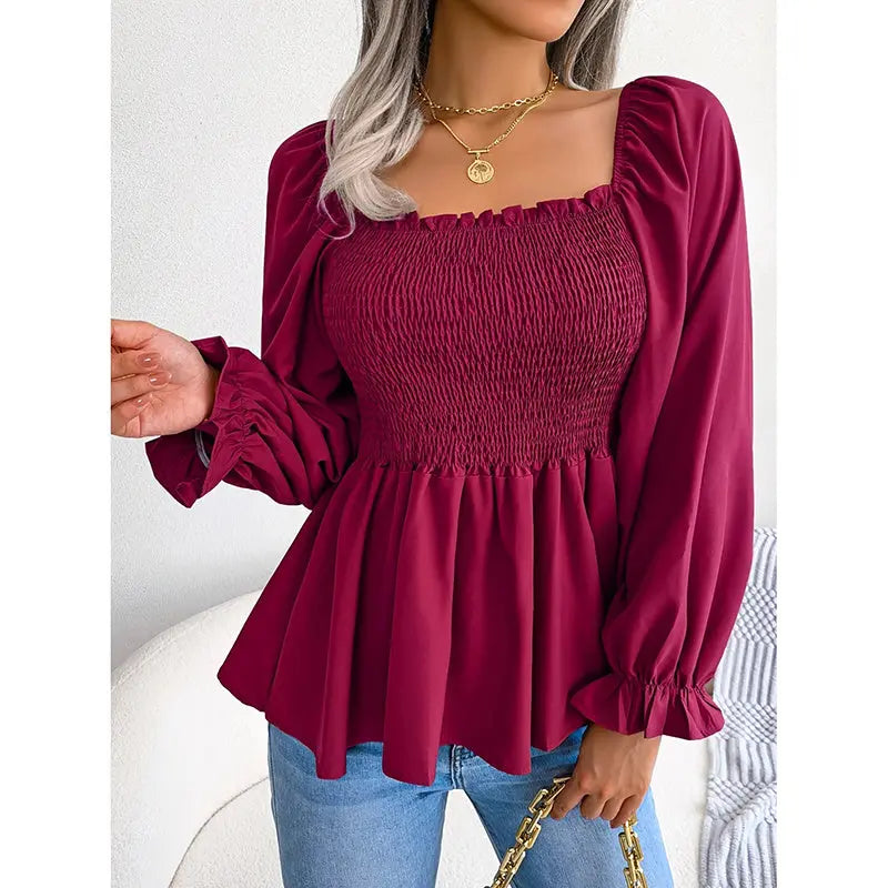 Women's Peplum Tops Square Neck Ruffle Trim Long Sleeve Blouse Smocked Top Dressy Casual Shirts Lady T Fashions