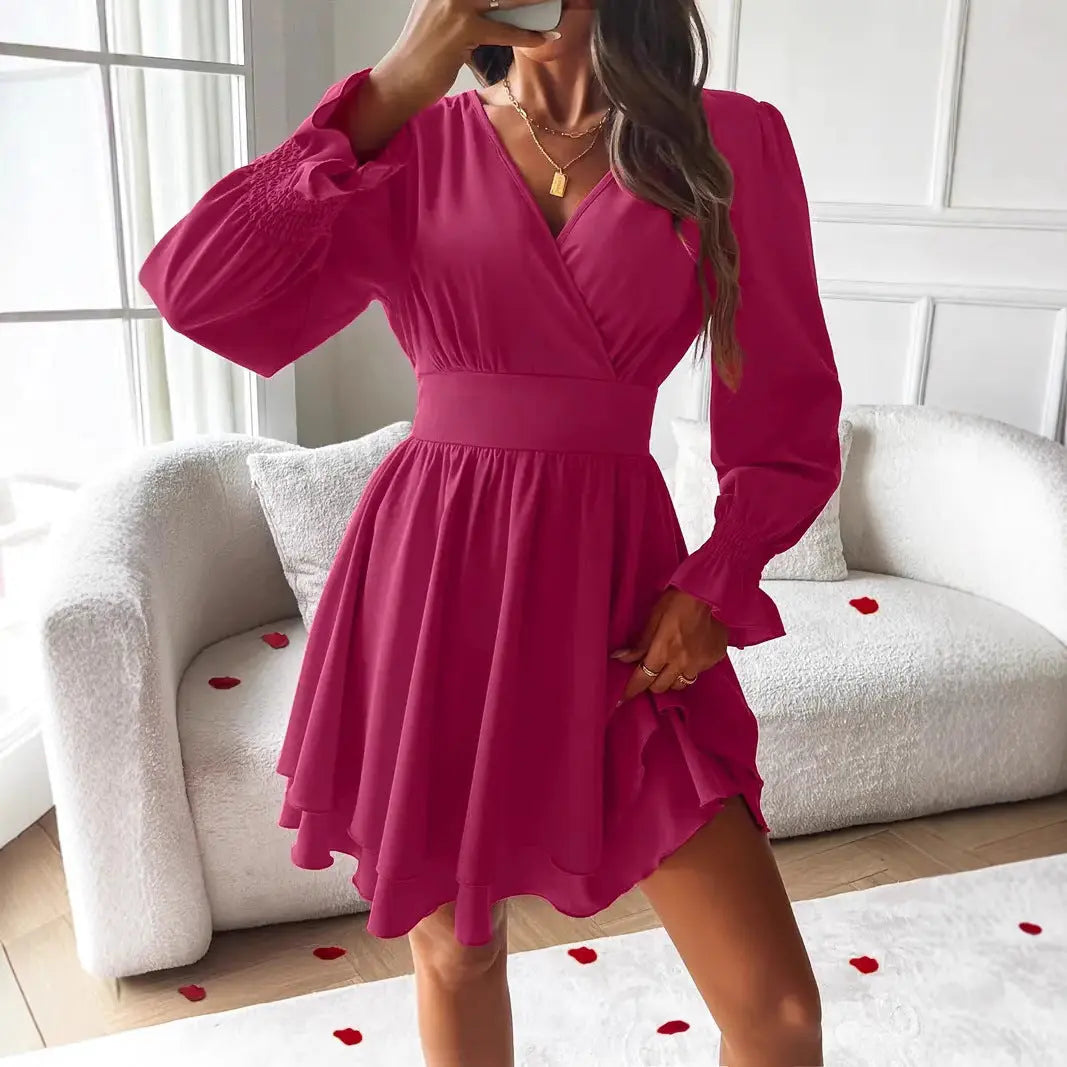 Women's Double-layer Skirt V-neck Tight Waist Dress Lady T Fashions