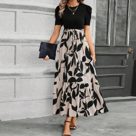 Floral Print Round Neck Exotic Vacation Style Elegant Dress Lady T Fashions