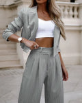 Women's Spring Fashion Striped Suits Casual Lapel Long Sleeve Cropped Top And Straight Pants Outfits Women's Clothing Lady T Fashions