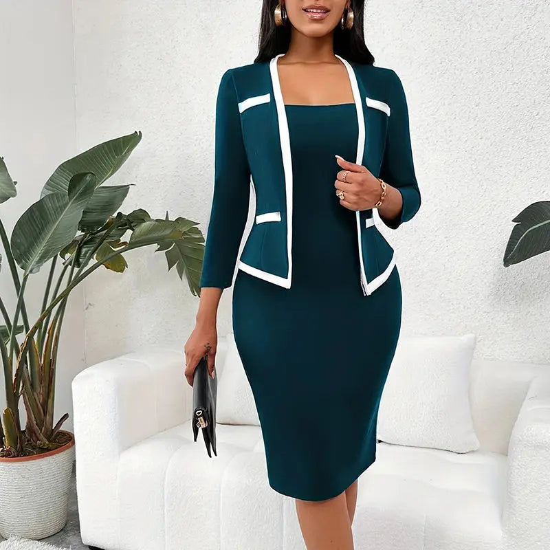 Women's Square Neck Half Sleeve Office Dress - Mock Two-Piece Bodycon Work Dress Lady T Fashions