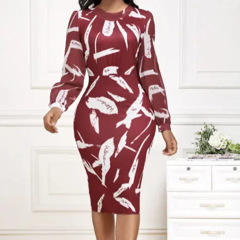 Ladies' Fashionable Round Neck Printed Fashionable Casual Slimming Bag Hip Dress Elegant And Directional Lady T Fashions