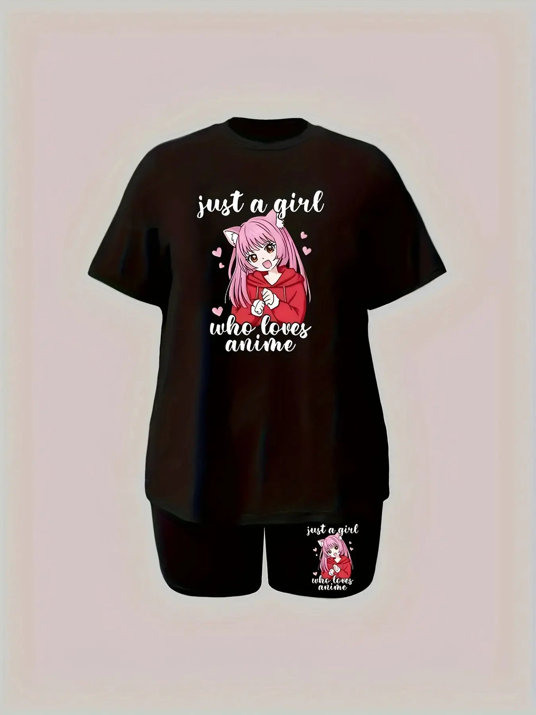 Plus Size Anime Print Two-piece Set - Stylish Crew Neck, Comfortable Short Sleeves, Adorable Top and Shorts Outfits for a Complete Look - Designed for Plus Size Women, High-Quality Womens Clothing Lady T Fashions