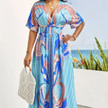 Ladies' Painted Drawing V-neck Waist Cinched Pleated Printed Dress Lady T Fashions