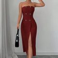 Women's Solid Color Button Sleeveless Slit Slim Fit Dress Lady T Fashions