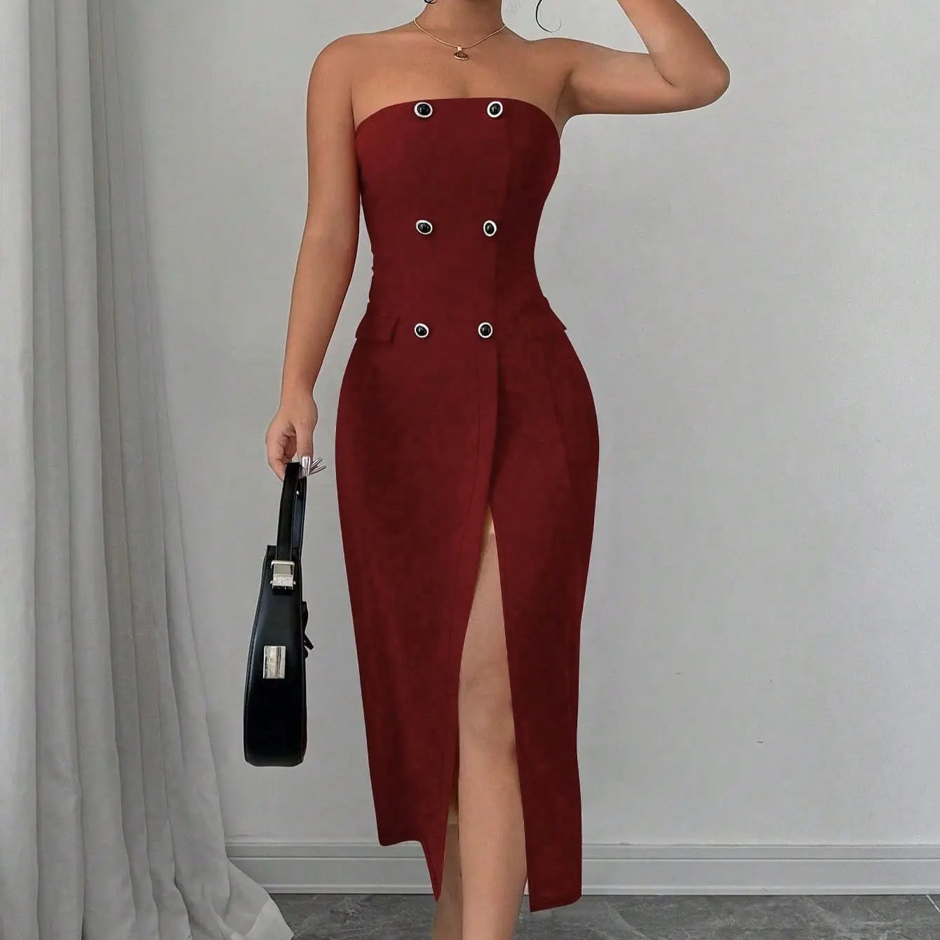 Women's Solid Color Button Sleeveless Slit Slim Fit Dress Lady T Fashions