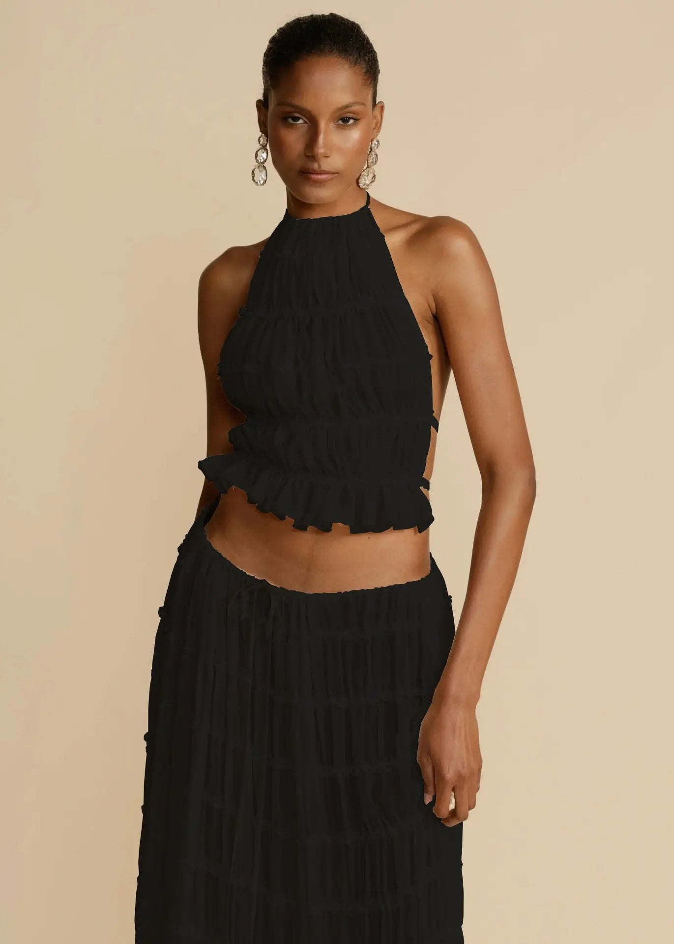 2pcs Women's Dress Suit Sexy Sleeveless Backless Cropped Halter Top And Pleated Long Skirt Beach Clothing Lady T Fashions